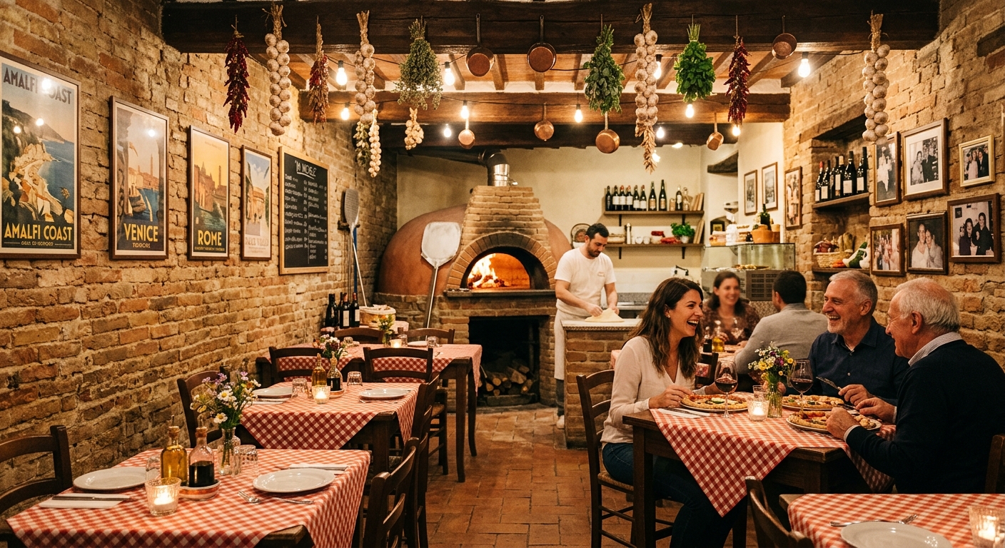 Cozy interior of Bellisario's Pizza in Frederick MD — rustic brick walls and wood-fired oven