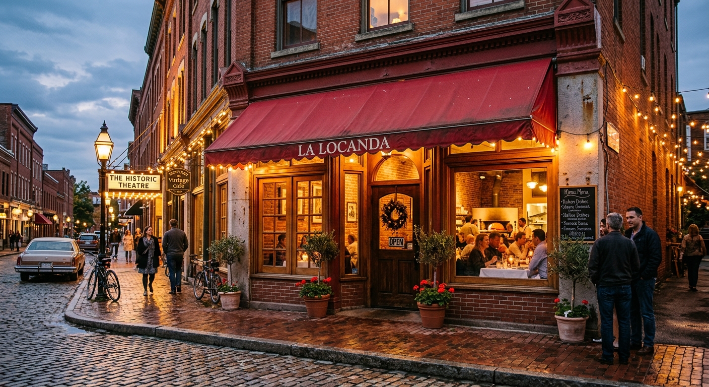 Charming Italian pizzeria storefront in Frederick Maryland at dusk