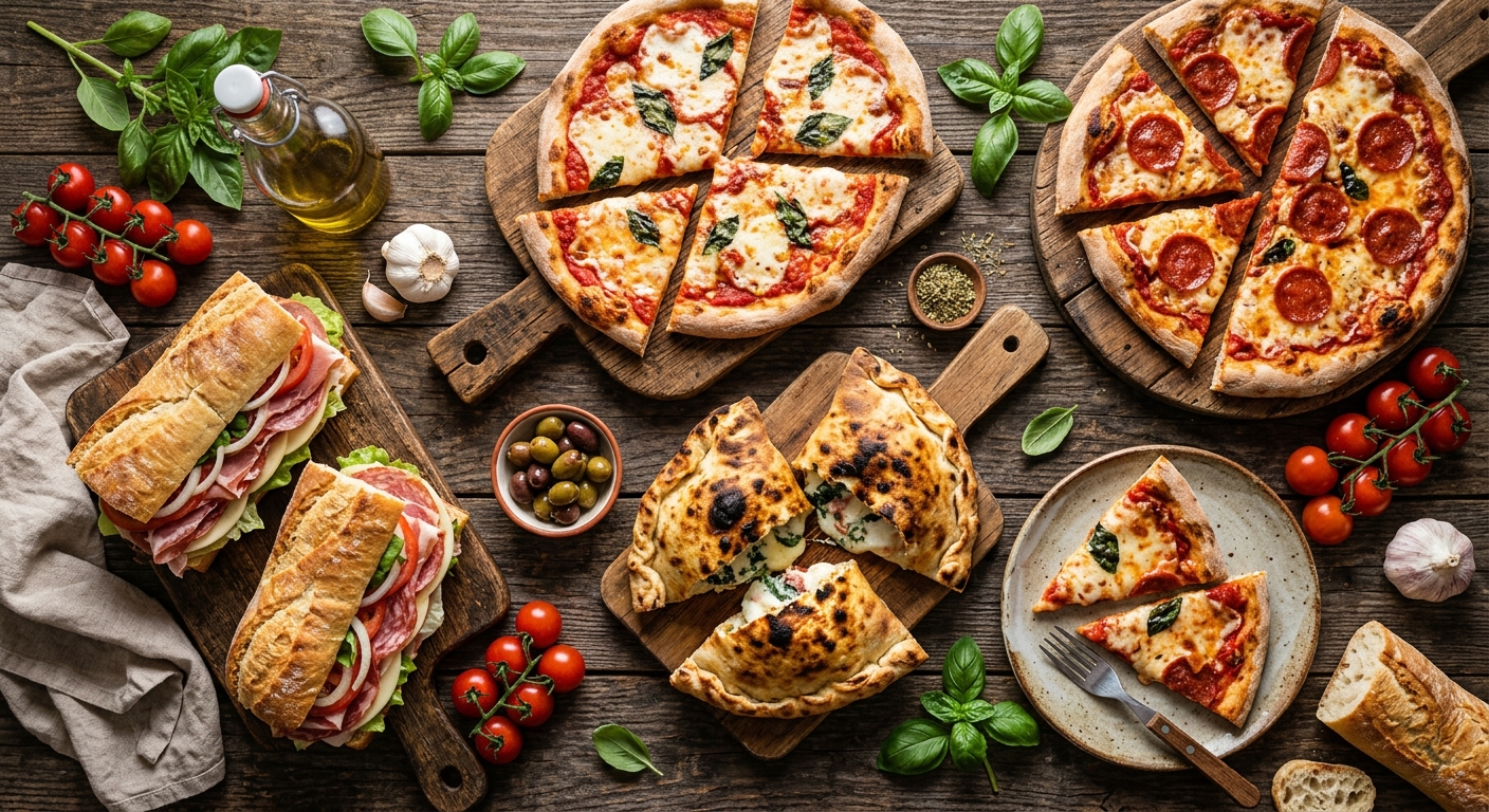 Spread of pizza, calzones and hoagies from Bellisario's Pizza Frederick MD